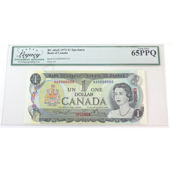 BC-46aS 1973 $1 SPECIMEN Legacy GEM UNC65 PPQ Lawson-Bouey SN: AA0000000 613