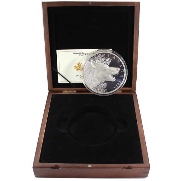 2014 $125 Howling Wolf 1/2 Kilo .9999 Fine Silver Coin in Deluxe Wooden Box (Tax Exempt)