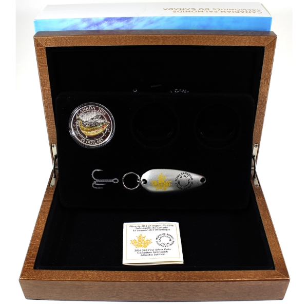 2016 $20 Canadian Salmonids - Atlantic Salmon 1oz .9999 Fine Silver w/ Len Thompson Fishing Lure 