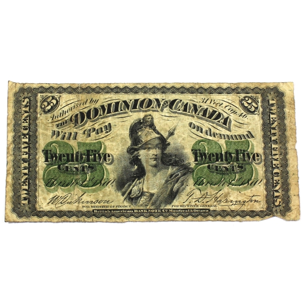 DC-1c 1870 25-cent Shinplaster Plain Series F-VF Dickinson-Harington