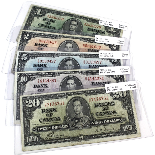 1937 $1-$20 Run Coyne-Towers. 5pcs.