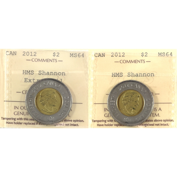 $2 2012 HMS Shannon & HMS Shannon Extra Sail ICCS MS64. 2pcs.