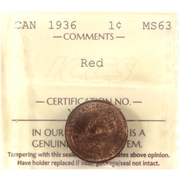 1-cent 1936 ICCS MS63 Red
