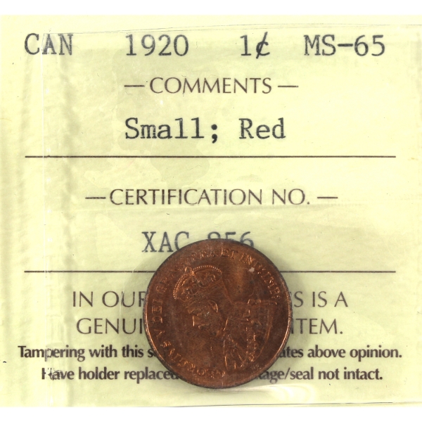 1-cent 1920 Small ICCS MS65 Red