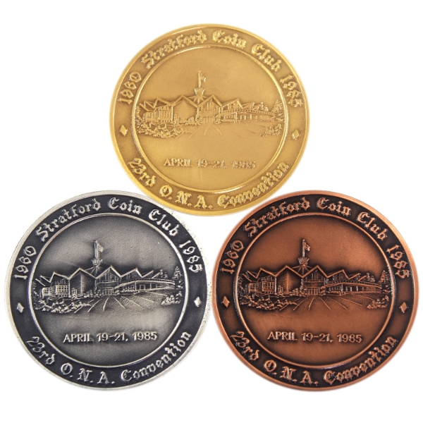 ONA 1985 Stratford Coin Club 23rd ONA Convention Tokens 38mm Silver Plated, Bronze & Brass. 3pcs