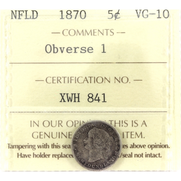 Newfoundland 5-cent 1870 Obverse 1 ICCS VG10