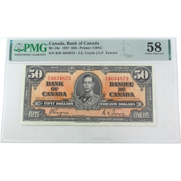 BC-26c 1937 $50 PMG Choice AU58 Coyne-Towers SN: B/H4634873