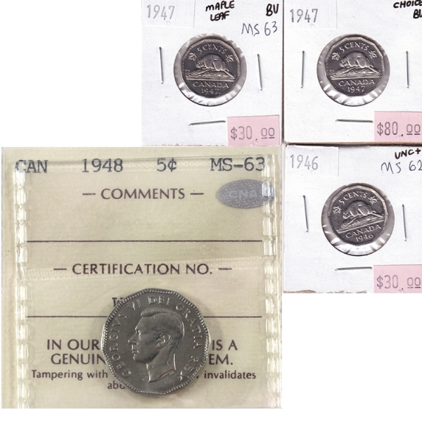 5-cent 1946-1948 UNC+ to Choice BU. 4pcs