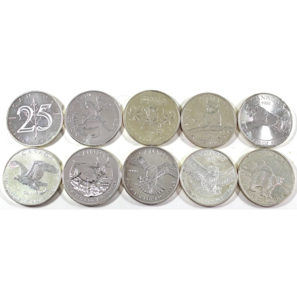 Group Lot of 10x Assorted 2010-2016 $5 Fine Silver 1oz Coins. 10pcs (Tax Exempt)