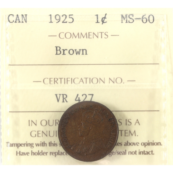 1-cent 1925 ICCS MS60 Brown