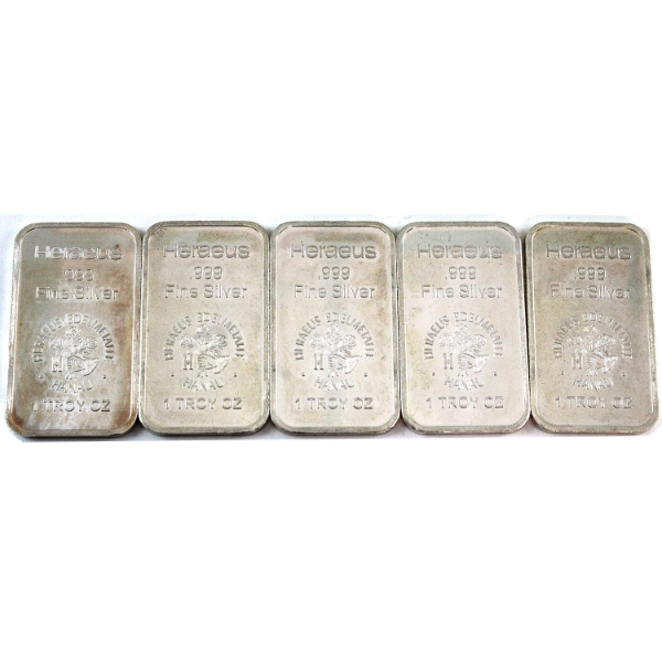 5x 1oz Heraeus .999 Fine Silver Bars. 5pcs (Tax Exempt)