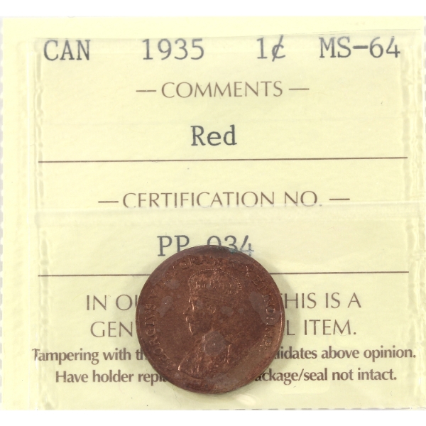 1-cent 1935 ICCS MS64 Red 