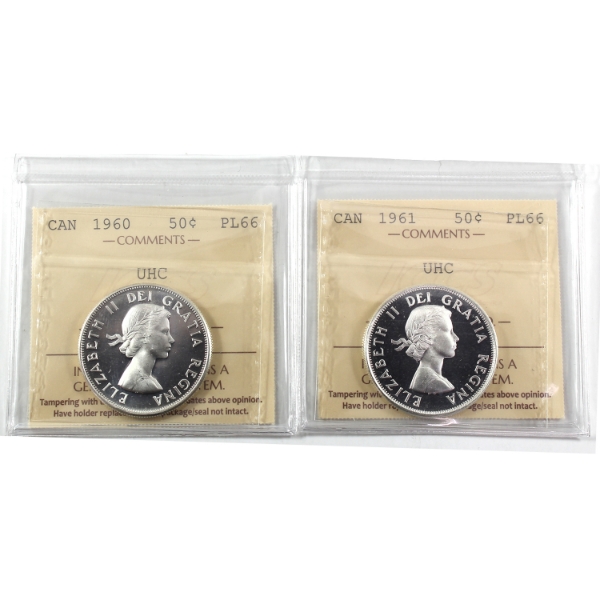 50-cent 1960 & 1961 ICCS PL66 Ultra Heavy Cameo. 2pcs.