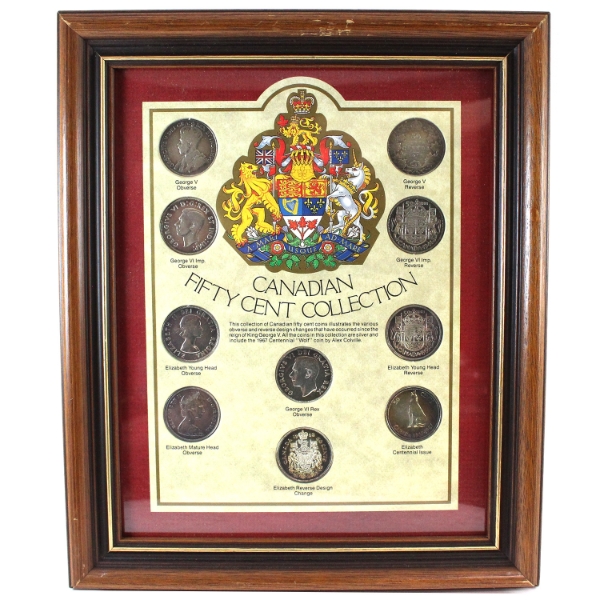 *Canadian Fifty Cent 10-coin Collection in Wooden Display frame