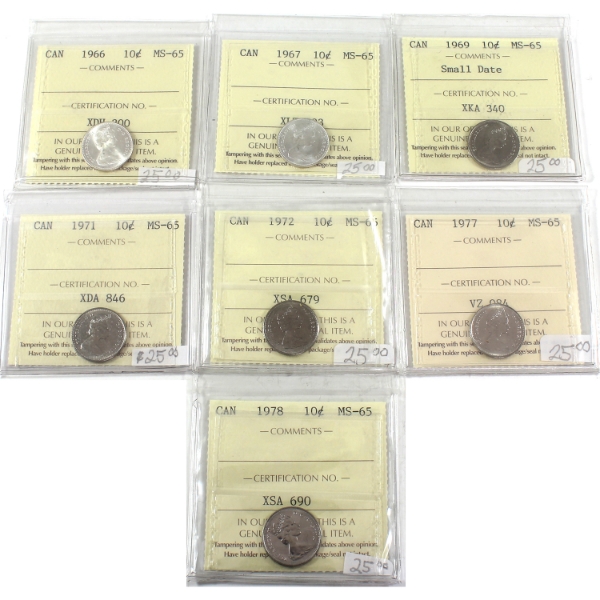 10-cent 1966, 1967, 1969 Small Date, 1971, 1972, 1977 & 1978 ICCS MS65. 7pcs