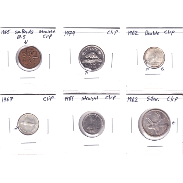 Bulk Collection of 1, 5, 10, & 25-cent 1962-1981 Clip Error Coins in 6-Pocket Holder. 6pcs.
