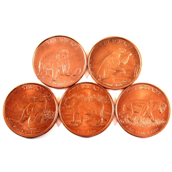5x 1oz Assorted The Ice Age .999 Fine Copper Rounds. 6pcs