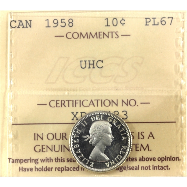 10-cent 1958 ICCS PL67 Ultra Heavy Cameo