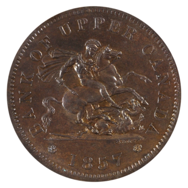 BR-719, CH-PC-6D Bank of Upper Canada 1857 One Penny Token UNC+