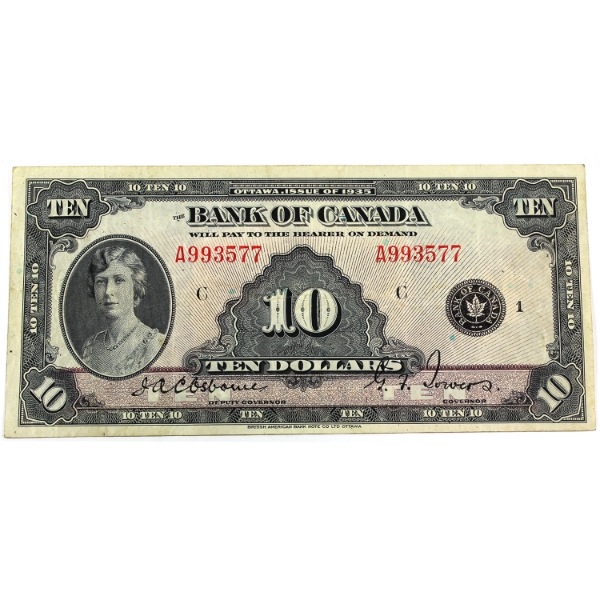 BC-7 1935 $10 English VF20 Osborne-Towers SN: A993577 Check Letter C 