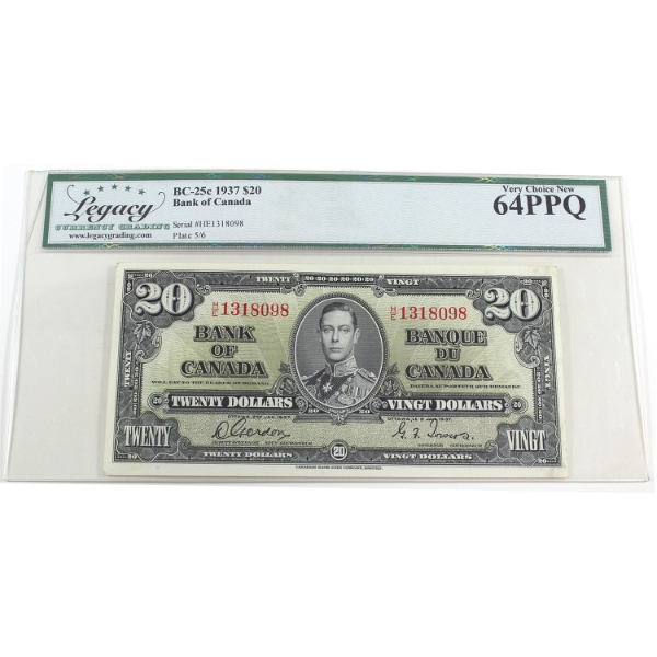 BC-25c 1937 $20 Legacy CUNC64 PPQ Gordon-Towers SN: H/E1318098