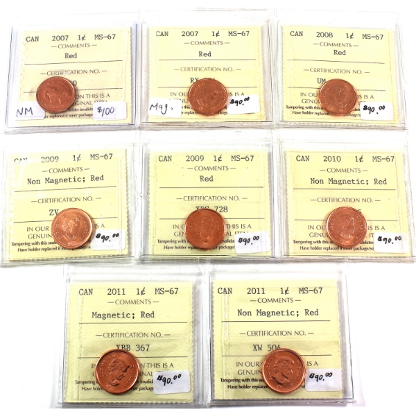 1-cent 2007-2011 ICCS MS67 Red. 8pcs