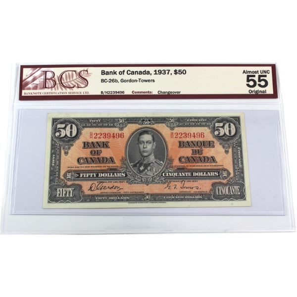 BC-26b 1937 $50 BCS AU55 Gordon-Towers, Changeover SN: B/H2239496