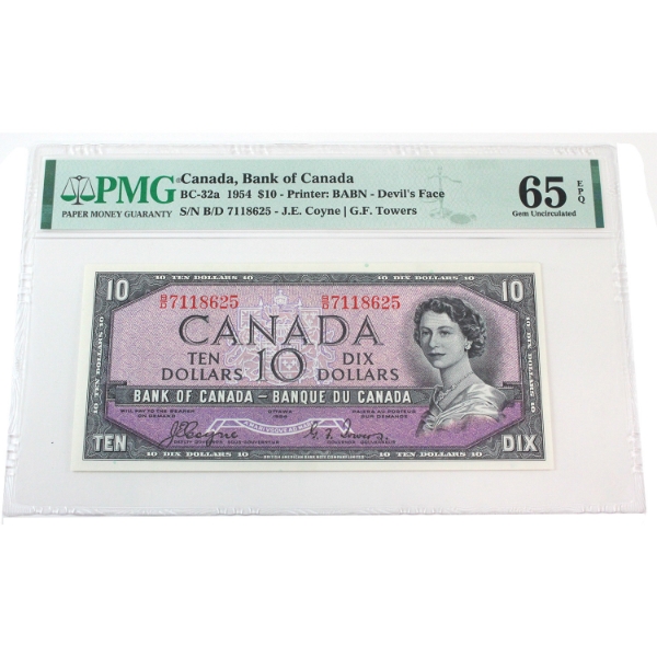 BC-32a 1954 $10 Devil's Face PMG GEM UNC65 EPQ Coyne-Towers SN: B/D7118625
