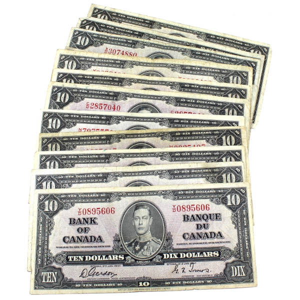 Bulk Lot of 1937 $10 Banknotes. 12pcs.