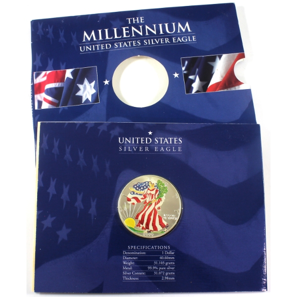 USA Silver 2000 The Millennium Coloured 1oz .999 Fine Silver Eagle in Presentation Card (Tax Exempt)