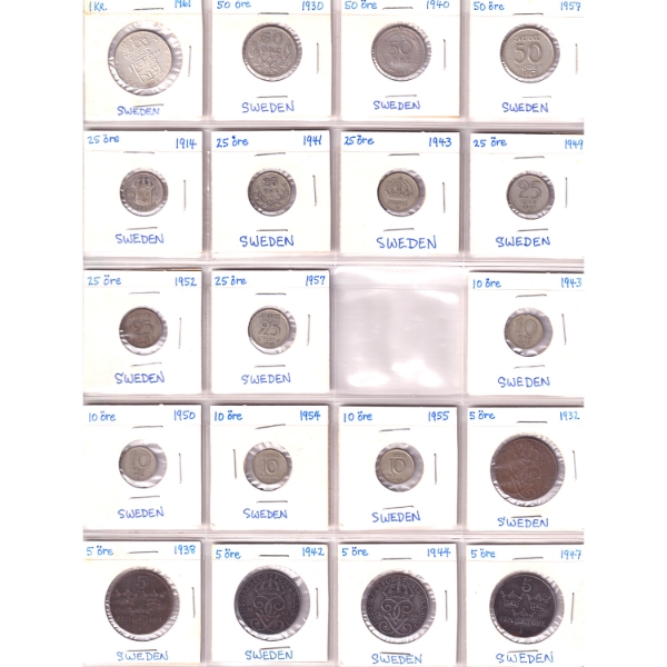 Sweden 1 Ore to 50 Ore 1914-1962 Bulk Collection in 3x 20-Pocket Sheets. 57pcs.