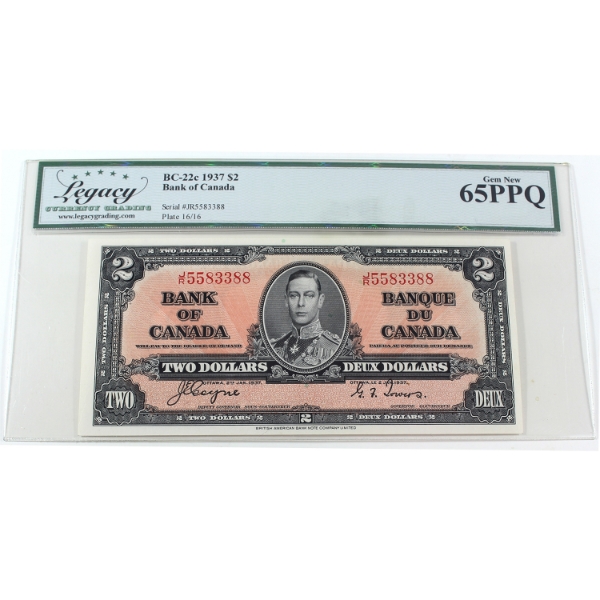 BC-22c 1937 $2 Legacy GEM UNC65 PPQ Coyne-Towers SN: J/R5583388