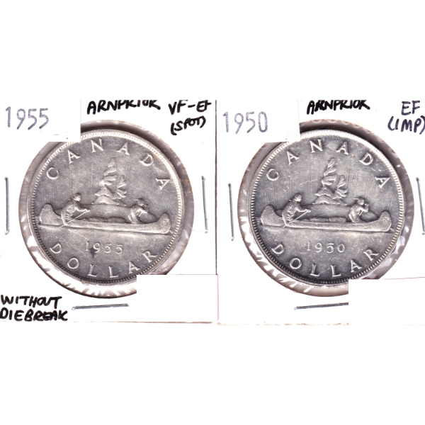 Silver $1 1950 & 1955 Arnprior VF-EF to EF. 2pcs.
