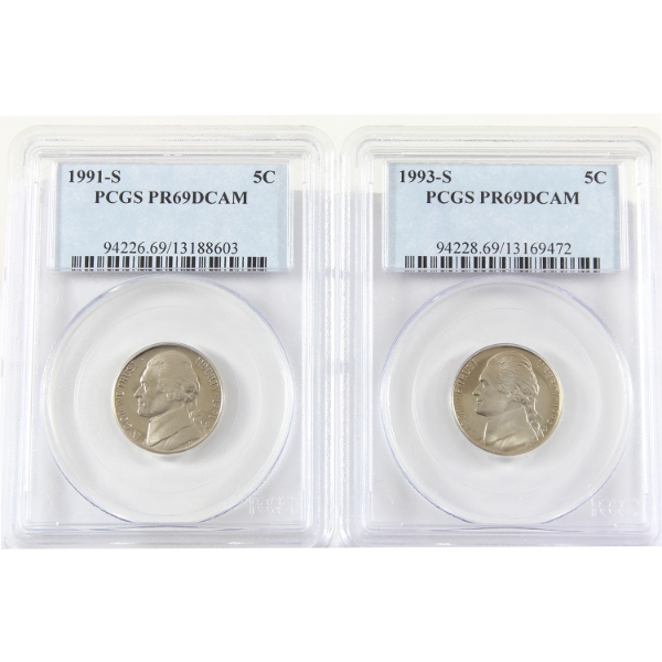USA 1991S & 1993S Jefferson Nickels PCGS PR69 Deep Cameo. 2pcs.