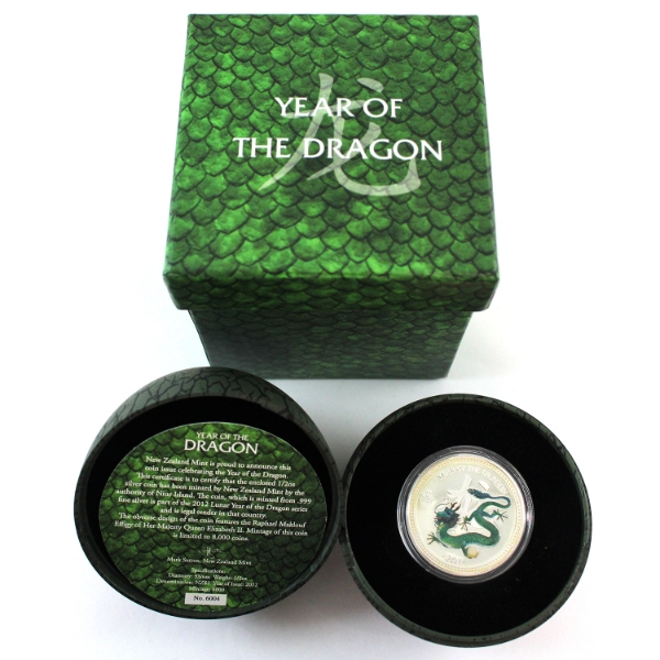 Niue 2012 $2 Year of the Dragon 1/2oz Fine Silver Coin w/ Selective Colour in Egg Shaped Case. 
