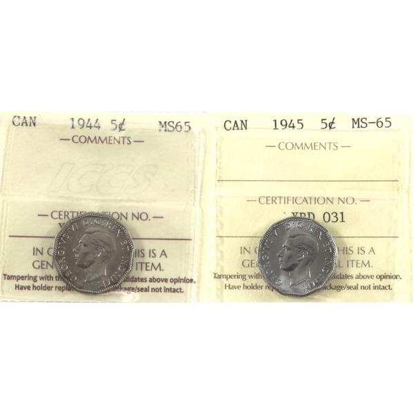 5-cent 1944 & 1945 ICCS MS65. 2pcs.