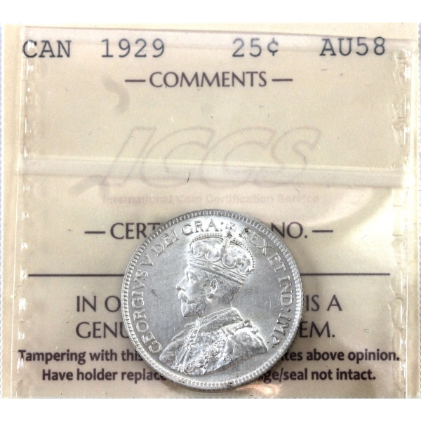 25-cent 1929 ICCS AU58