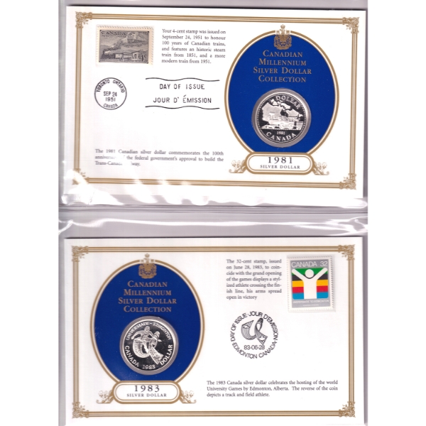 Silver $1 1981 & 1983 Canadian Millennium Silver Dollar Collection w/ Commemorative Stamps
