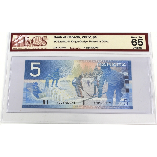 RADAR BC-62a-N1-iii 2002 $5 4-Digit RADAR BCS GEM UNC65 Original Knight-Dodge SN: AOB1702071