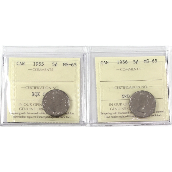 5-cent 1955 & 1956 ICCS MS65. 2pcs