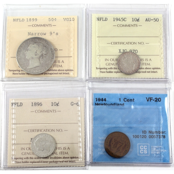 Newfoundland 1-cent to 50-cent 1896-1945C CCCS & ICCS G6 to AU50. 4pcs.