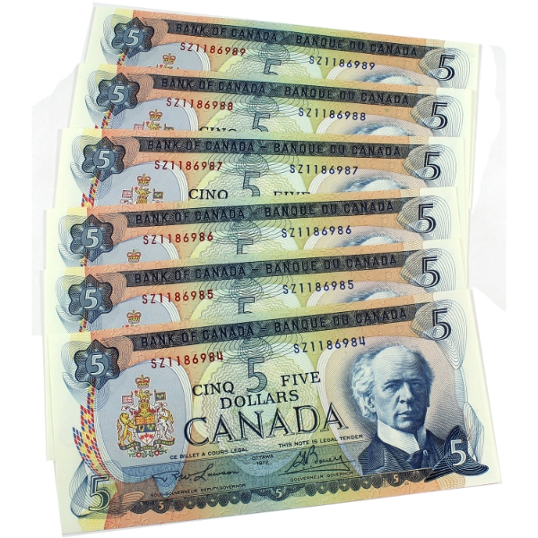 6x BC-48b 1972 $5 Consecutive Lawson-Bouey SN: SZ1186984-"89. 6pcs.