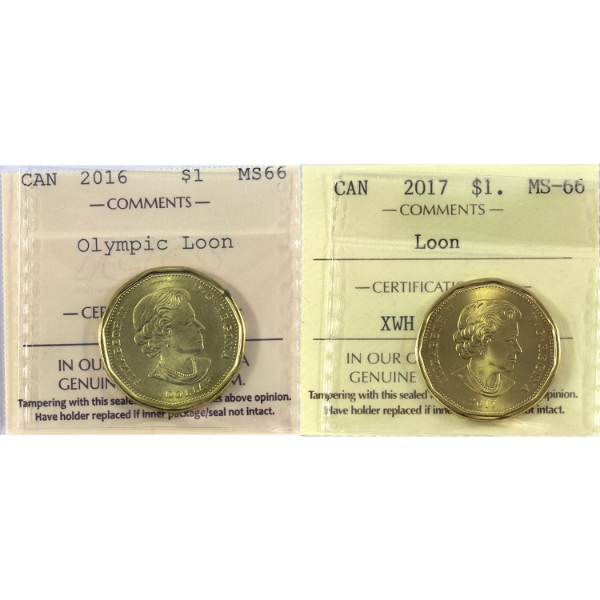 Loon $1 2016 Olympic & 2017 ICCS MS66. 2pcs.