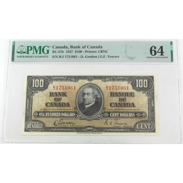 BC-27b 1937 $100 PMG CUNC64 Gordon-Towers SN: B/J1751061