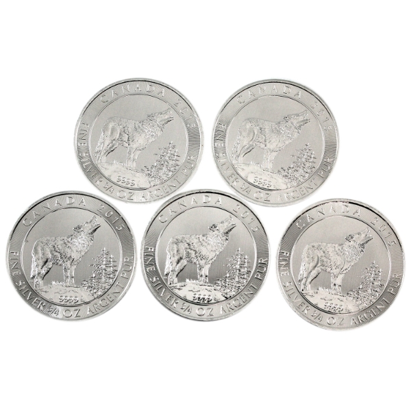3/4oz Canada 2015 $2 Grey Wolf .9999 Silver Coin. 6 pcs. (Tax Exempt)