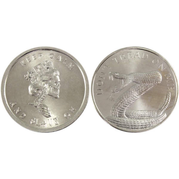 2x 1oz Silver Shield 2013 Keep Calm & Slave ON & 2022 Don't Tread on Me .999 Fine Silver Rounds. 
