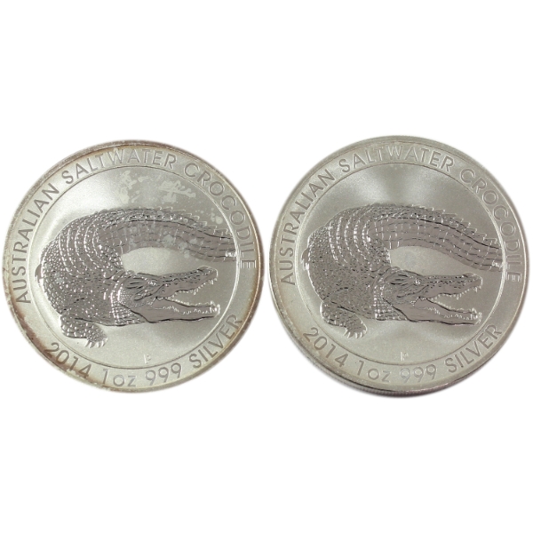 2x Australia 2014 $1 Saltwater Crocodile .999 Fine Silver Coins. 2pcs (Tax Exempt)
