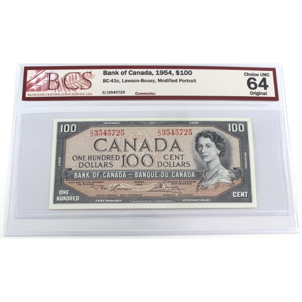 BC-43c 1954 $100 Modified Portrait BCS CUNC64 Original Lawson-Bouey SN: C/J3545725