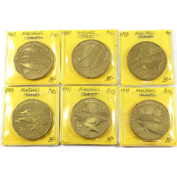 Bulk Lot of Marshall Islands 1993 $10 Pacific Whales and Dolphins Medals 21.3g-Brass, 34.6mm. 6pcs.