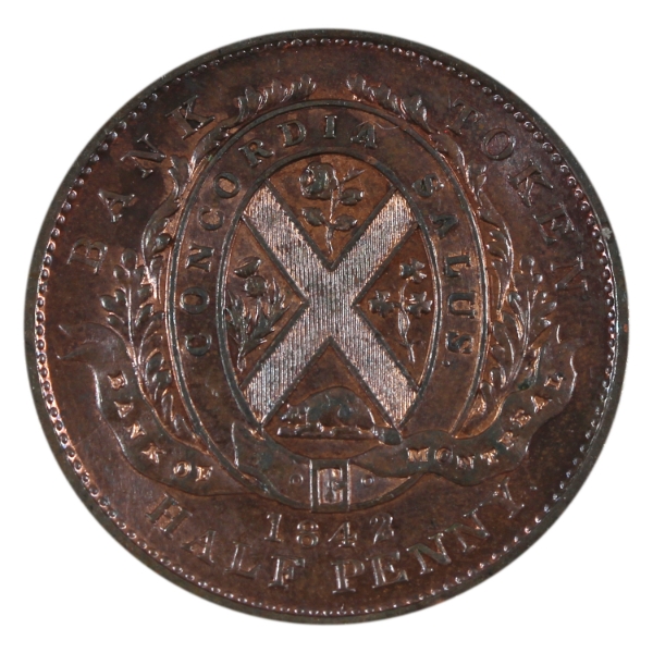BR-527, CH-PC-1A2  Bank of Montreal 1842 Half Penny Token BU Lustrous Brown